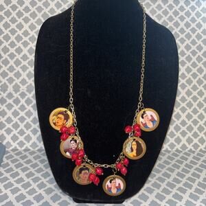 Long Frida Kahlo Goldtone Red Beaded Reversible Necklace Handmade Artisan New